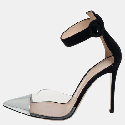 Pre-owned Gianvito Rossi Black/silver Suede And Pvc Ankle Strap Sandals Size 39