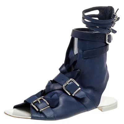 Gianvito Rossi Blue Leather Buckle Gladiator Ankle Length Flat Sandals