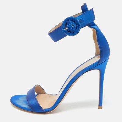 Pre-owned Gianvito Rossi Blue Satin Portofino Ankle Strap Sandals Size 39.5