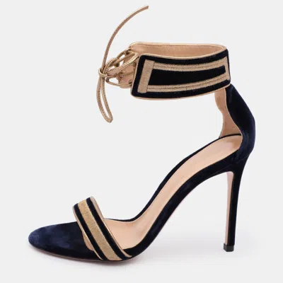 Pre-owned Gianvito Rossi Blue/gold Velvet And Leather Augusta Ankle Cuff Sandals Size 36