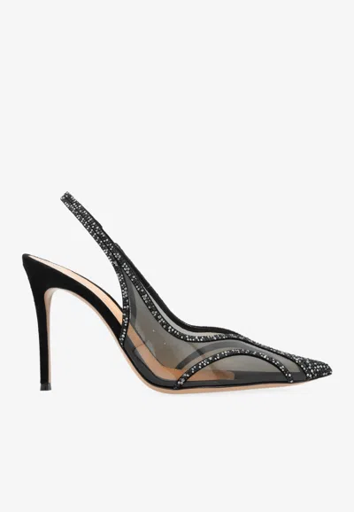 Gianvito Rossi Brenda 95 Crystal Embellished Slingback Mesh Pumps In Black