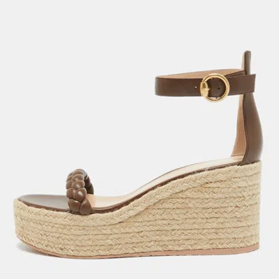 Pre-owned Gianvito Rossi Brown Braided Leather Merida Espadrille Wedge Sandals Size 40.5