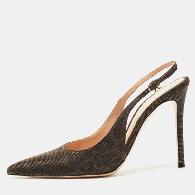 Pre-owned Gianvito Rossi Brown Glitter Fabric Ribbon Slingback Pumps Size 39