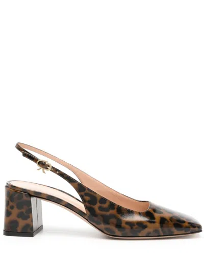 Gianvito Rossi Brown Leopard Print Matte Leather Sling-back Pumps In Nude