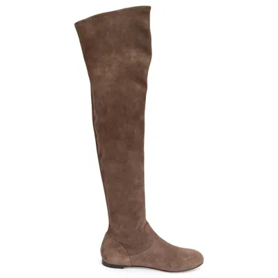 Pre-owned Gianvito Rossi Brown Stretch Suede Flat Over Knee Boots Shoes 38.5