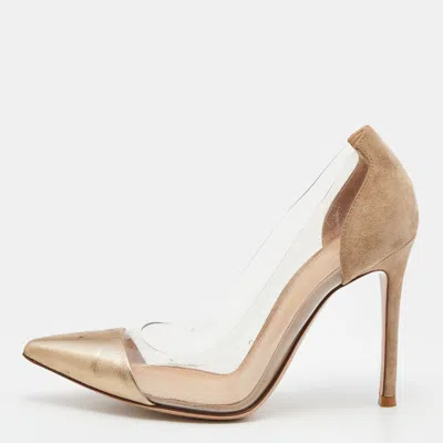 Pre-owned Gianvito Rossi Brown/gold Suede Leather And Pvc Plexi Pumps Size 35.5