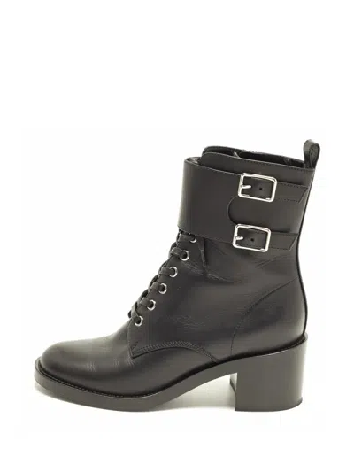 Pre-owned Gianvito Rossi Buckled Lace-up Heeled Combat Boots In Black