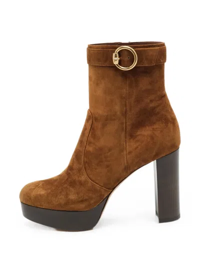 Pre-owned Gianvito Rossi Buckled Platform Ankle Boots In Brown