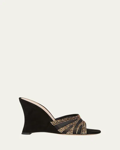 Gianvito Rossi Camoscio Mesh Crystal And Suede Wedge Sandals In Black Tiger Print