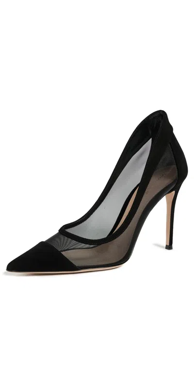 Gianvito Rossi Suede Mesh Pumps Pointed Toe Stiletto In Black