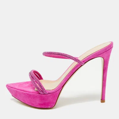 Pre-owned Gianvito Rossi Cannes Size 38.5 Pink Suede Crystal Embellished Platform Sandals