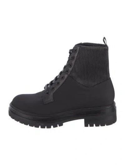 Pre-owned Gianvito Rossi Canvas Leather Trim Embellishment Combat Boots In Black