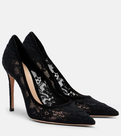Gianvito Rossi Claudia Lace Neckline Point-toe Pumps With Suede Details In Black