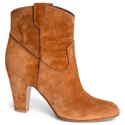 Pre-owned Gianvito Rossi Cognac Brown Suede Western Cowboy Ankle Boots Shoes 40.5