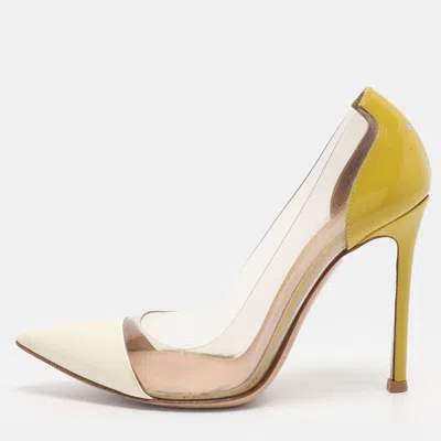 Gianvito Rossi Cream/yellow Patent Leather And Pvc Plexi Pointed Toe Pumps In Metallic
