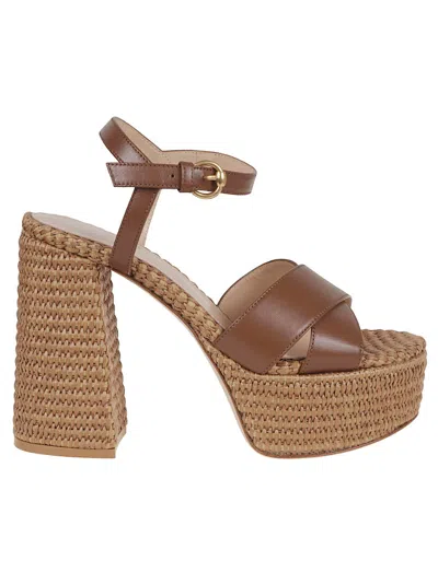 Gianvito Rossi Crossed Raffia Platform Sandals With Ankle Strap In Cucu Cuoio Cuoio