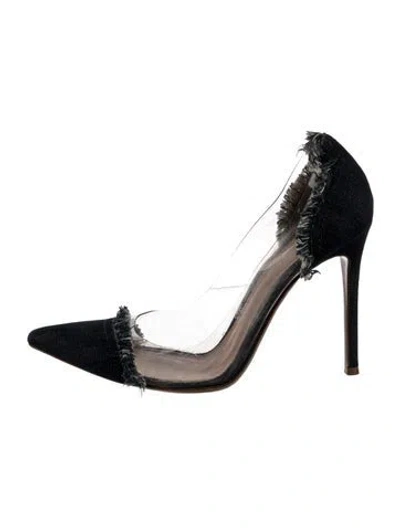 Pre-owned Gianvito Rossi Denim Fringe Trim Accent Pumps In Black