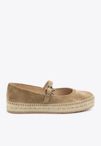 Gianvito Rossi Elda Mary-jane Suede Espadrilles In Beige