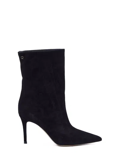 Gianvito Rossi Elegant Black Suede Boots With Gold-tone Logo Detail And Thin Heel