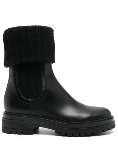 Gianvito Rossi Elegant Leather And Ribbed Knit Ankle Boots In Black