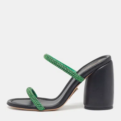 Pre-owned Gianvito Rossi Eline Size 40 Green Suede Crystal Embellished Block Heel Slide Sandals
