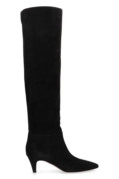 Gianvito Rossi Knee High Suede Boots With Kitten Heel In Black