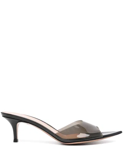 Gianvito Rossi Patent Leather Pointed Flat Sandals With Transparent Plexi Front Band And 55mm Stilet In Green