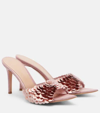 Gianvito Rossi Embellished Suede-trimmed Mules In Pink