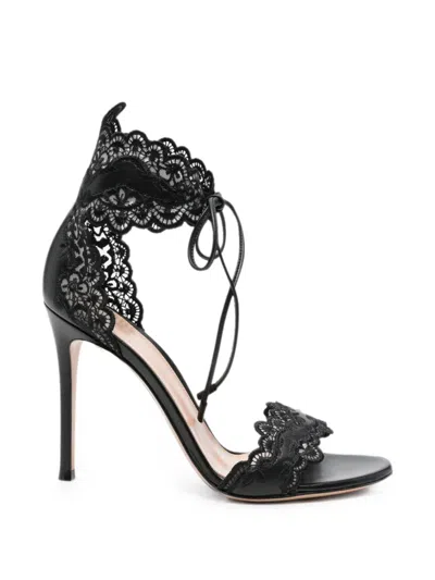 Gianvito Rossi 105mm Evie Embroidered Leather Ankle-tie Sandals In Black