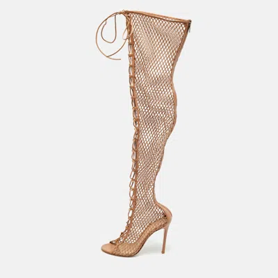 Pre-owned Gianvito Rossi Fishnet Size 37 Beige Leather And Mesh Over The Knee Boots In Sand
