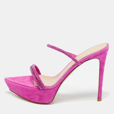 Pre-owned Gianvito Rossi Fuchsia Suede Crystal Embellished Cannes Sandals Size 38.5 In Pink