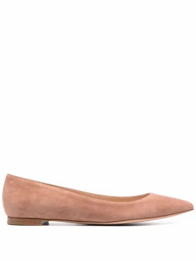 Gianvito Rossi Pointed Suede Ballerina Shoes In Neutrals