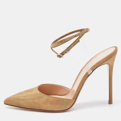 Pre-owned Gianvito Rossi Gold Glitter Nubuck Leather Embellshed Ankle Strap Sandals Size 42