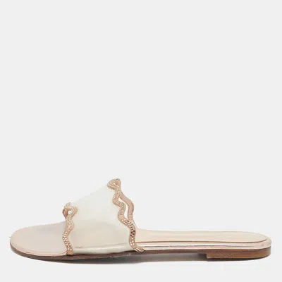 Pre-owned Gianvito Rossi Gold/transparent Leather And Pvc Crystal Embellished Flat Sandals Size 40