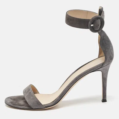 Pre-owned Gianvito Rossi Grey Suede Portofino Ankle Strap Sandals Size 38.5 In Gray
