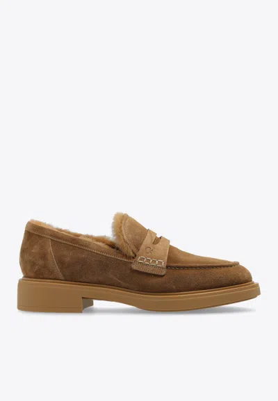 Gianvito Rossi Harris 20 Shearling-lined Suede Loafers In Brown