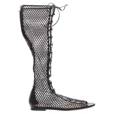 Gianvito Rossi Helena Crochet Mesh Rings Lace Up Sandals In Black