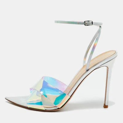 Gianvito Rossi Iridescent Silver Patent Leather And Pvc Plexi Stark Ankle Strap Sandals
