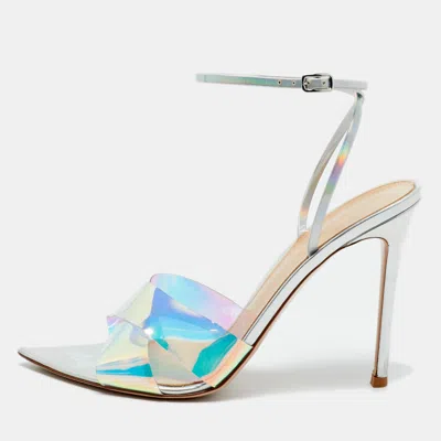 Pre-owned Gianvito Rossi Iridescent Silver Patent Leather And Pvc Plexi Stark Ankle Strap Sandals Size 40