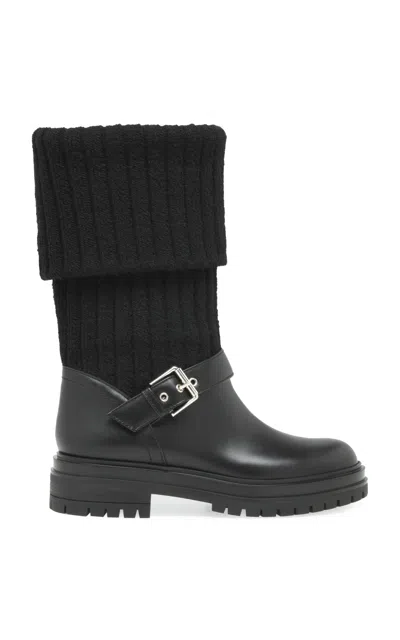 GIANVITO ROSSI KNIT-PANELED LEATHER KNEE BOOTS