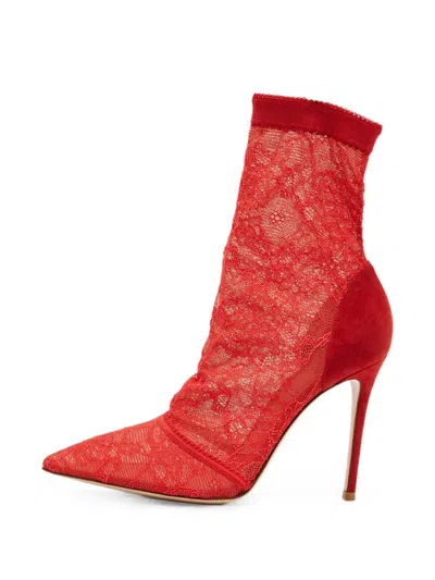Pre-owned Gianvito Rossi Lace Pointed-toe Ankle Boots In Red