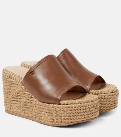 Gianvito Rossi Leather And Raffia Wedge Mules In Brown