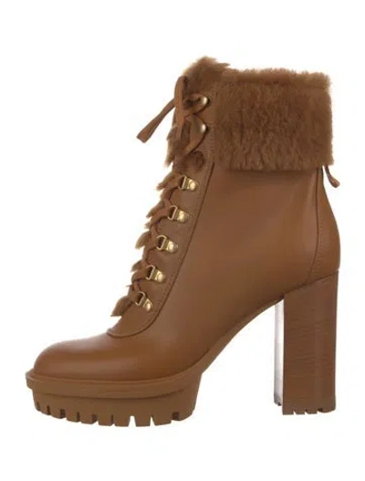 Pre-owned Gianvito Rossi Leather Faux Fur Trim Lace-up Boots In Brown
