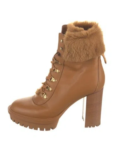 Pre-owned Gianvito Rossi Leather Faux Fur Trim Lace-up Boots In Brown