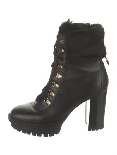 Pre-owned Gianvito Rossi Leather Fur Trim Lace-up Boots In Black
