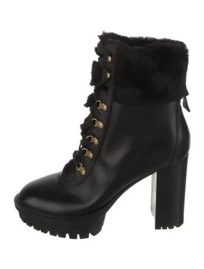 Pre-owned Gianvito Rossi Leather Fur Trim Lace-up Boots In Black
