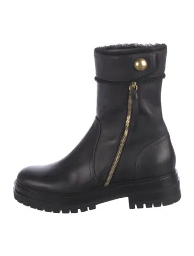 Pre-owned Gianvito Rossi Leather Fur Trim Moto Boots In Black