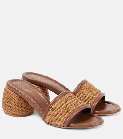 Gianvito Rossi Leather-trimmed Raffia Mules In Braun