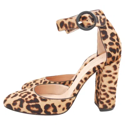 Pre-owned Gianvito Rossi Leopard Calf Hair Ankle Strap Pumps In Brown