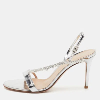 Pre-owned Gianvito Rossi Manhattan Size 39 Silver Patent Leather Crystal Embellished Slingback Sandals